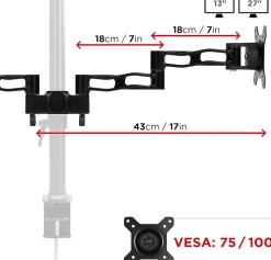 DM35P2 Bras double articulation pour écrans Support d'écran sans potence Equivalent au support d'écrans DM352 VESA 75 100 Duronic