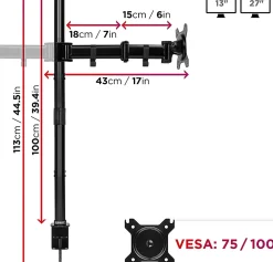 DMT254 Support 4 écrans PC à pince pour bureau Bras de moniteur Rotatif Inclinable Pivotant Compatible VESA 75 100 Duronic