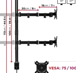 DMT154 Support 4 écrans PC à pince pour bureau Bras de moniteur Rotatif Inclinable Pivotant Compatible VESA 75 100 Duronic