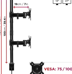 DMT252VX1 Support 2 écrans PC à pince pour bureau Bras de moniteur Rotatif Inclinable Pivotant Compatible VESA 75 100 Duronic