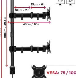 DMT252VX2 Support 2 écrans PC à pince pour bureau Bras de moniteur Rotatif Inclinable Pivotant Compatible VESA 75 100 Duronic