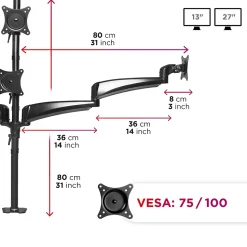 DM453VX1 Support 4 écrans PC à pince pour bureau Bras de moniteur Rotatif Inclinable Pivotant Compatible VESA 75 100 Duronic