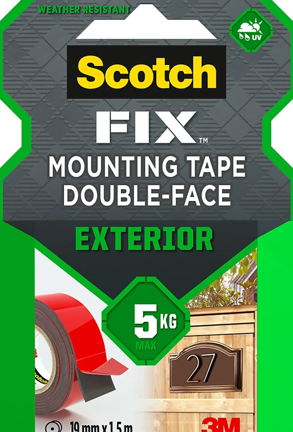 Double face extérieur 3M 19 mm x 1.5 m noir, 5 kg