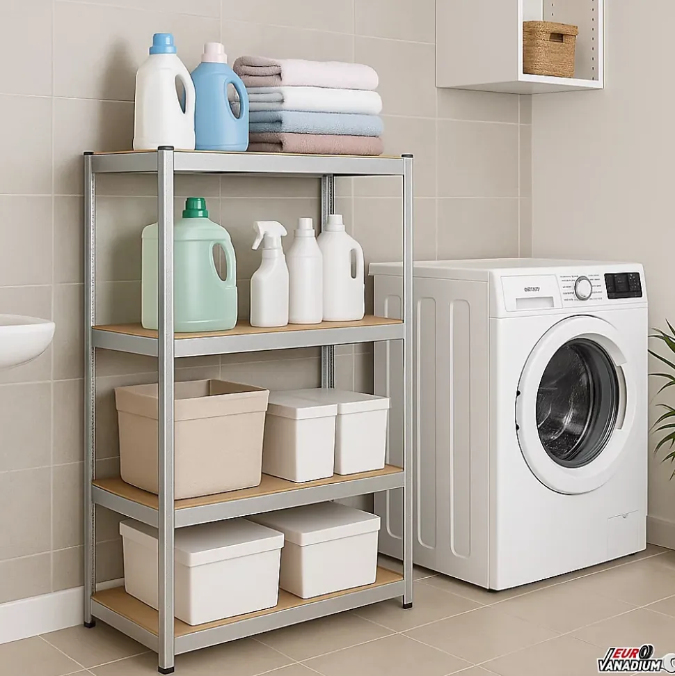 Double étagère métallique 160 x 160 cm, 8 plateaux de rangement, 640 kg, acier galvanisé, modulable - 30 cm - Gris - EURO VANADIUM