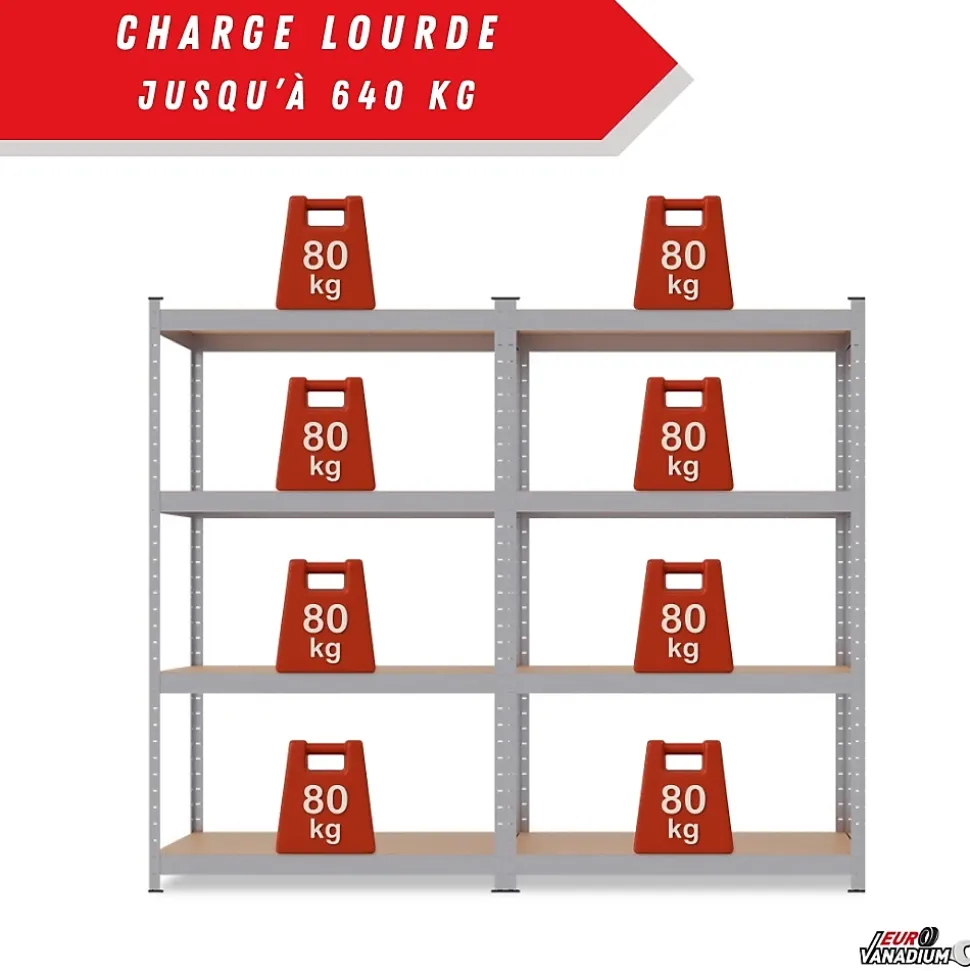 Double étagère métallique 160 x 160 cm, 8 plateaux de rangement, 640 kg, acier galvanisé, modulable - 30 cm - Gris - EURO VANADIUM