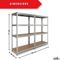 Double étagère métallique 160 x 160 cm, 8 plateaux de rangement, 640 kg, acier galvanisé, modulable - 30 cm - Gris - EURO VANADIUM