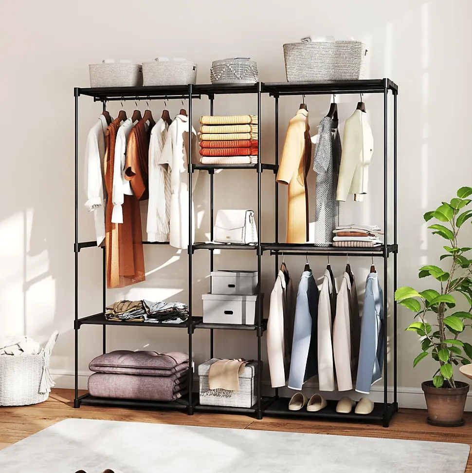 Dressing armoire-penderie dim. 182 x 43 x 185 cm 8 étagères 3 tringles métal non tissé noir