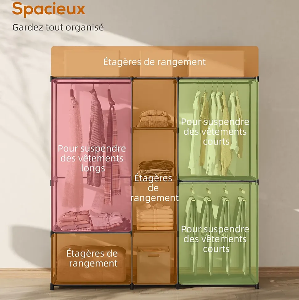 Dressing armoire-penderie dim. 182 x 43 x 185 cm 8 étagères 3 tringles métal non tissé noir