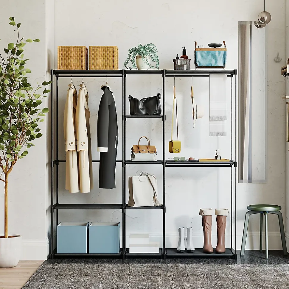 Dressing armoire-penderie dim. 182 x 43 x 185 cm 8 étagères 3 tringles métal non tissé noir