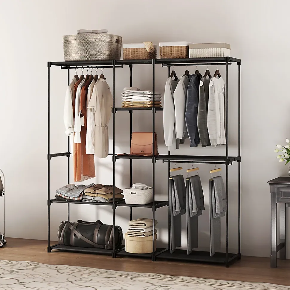 Dressing armoire-penderie dim. 182 x 43 x 185 cm 8 étagères 3 tringles métal non tissé noir