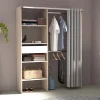 Dressing avec rideau, 4 étagères, 2 penderies et un tiroir bois et blanc - BALI