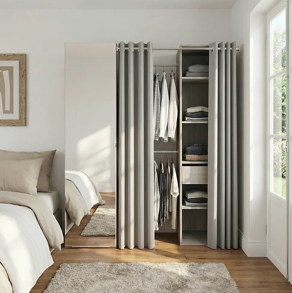 Dressing avec rideau et porte miroir effet chêne grisé GoodHome Atomia H. 187,5 x L. 200 x P. 45 cm