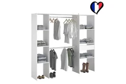 Dressing blanc 6 étagères, 1 tiroir, 2 penderies 198 x 40 x 180 cm - ELYSEE
