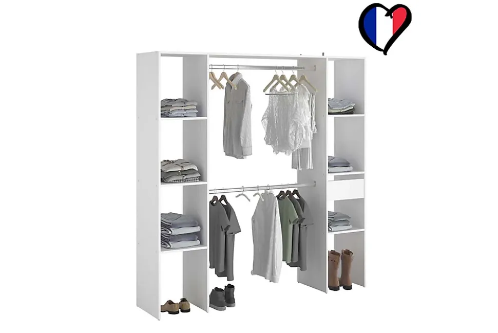 Dressing blanc 6 étagères, 1 tiroir, 2 penderies 180 x 40 x 180 cm - ELYSEE