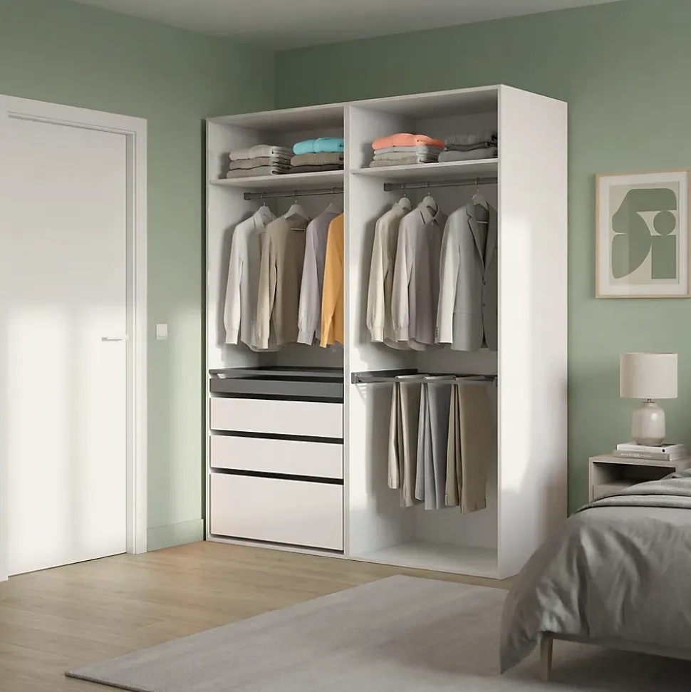 Dressing blanc avec porte pantalon 4 tablettes 3 tiroirs GoodHome Atomia H. 225 x L. 200 x P. 58 cm