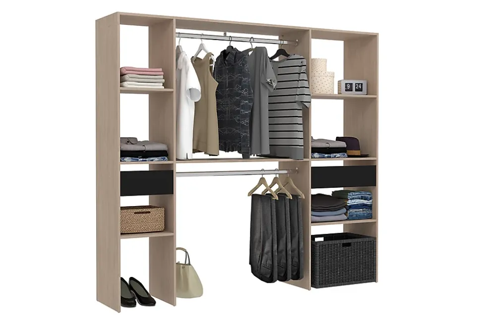 Dressing bois avec 2 penderies, 6 étagères et 2 tiroirs - ELYSEE