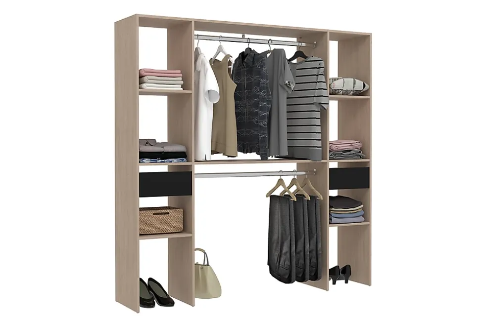 Dressing bois avec 6 étagères, 2 tiroirs et 2 penderies : 180 x 40 x 180 cm - ELYSEE