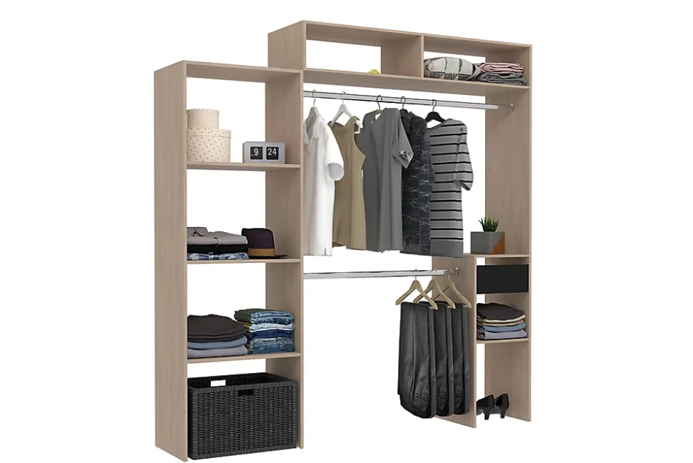 Dressing bois extensible avec penderie, étagères et tiroirs - ELYSEE