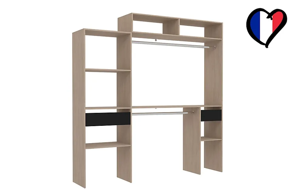 Dressing bois extensible avec 2 penderies, 4 étagères et 1 tiroir - ELYSEE