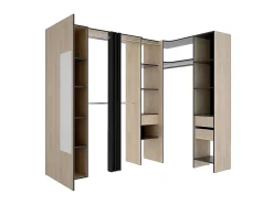 Dressing d'angle avec rideau et 1 porte - Avec miroir - L231 cm - Coloris : Naturel et anthracite - BERTRAND