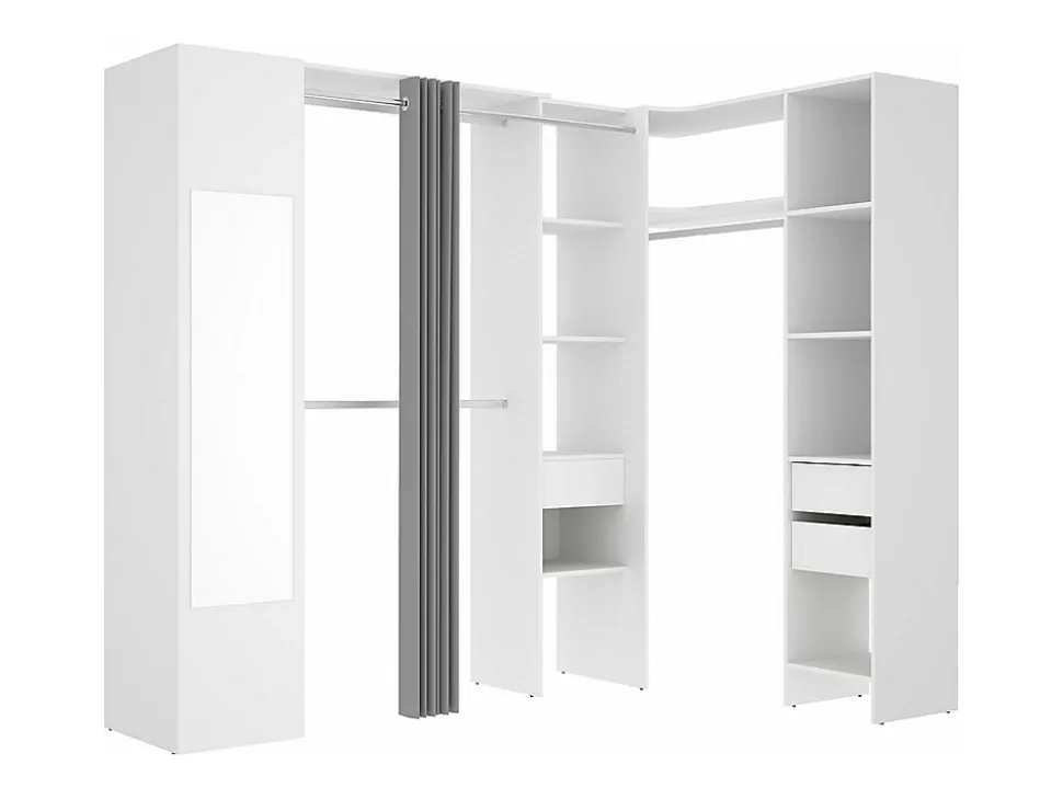 Dressing d'angle avec rideau et 1 porte - Avec miroir - L231 cm - Blanc et gris - BERTRAND