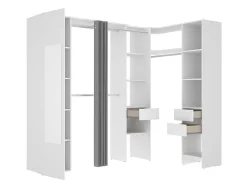 Dressing d'angle avec rideau et 1 porte - Avec miroir - L231 cm - Blanc et gris - BERTRAND