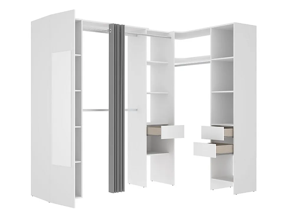 Dressing d'angle avec rideau et 1 porte - Avec miroir - L231 cm - Blanc et gris - BERTRAND
