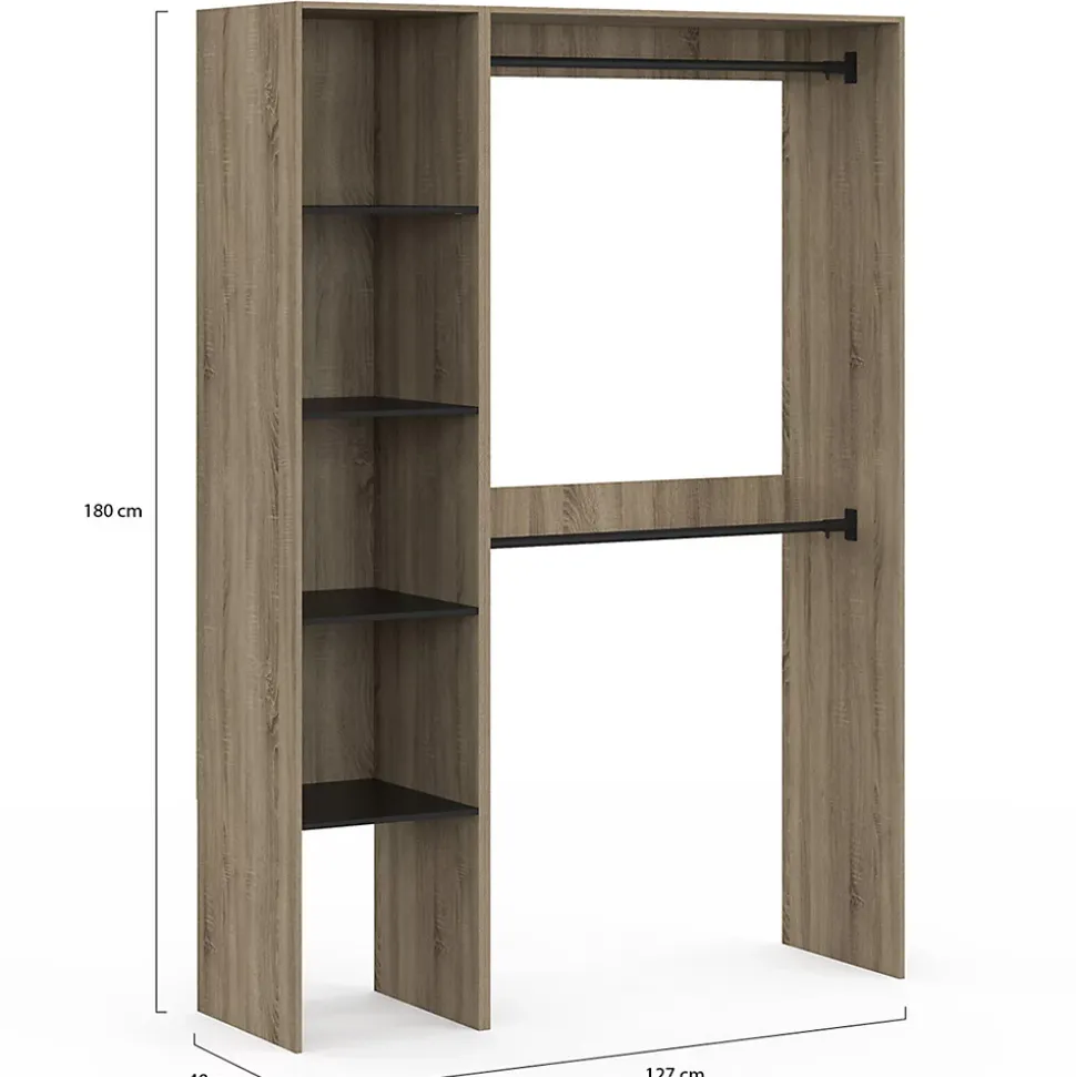 Dressing d'angle modulable L. 90 / 127 cm MELMAN double penderie + étagères bois et noir