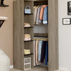 Dressing d'angle modulable L. 90 / 127 cm MELMAN double penderie + étagères bois et noir