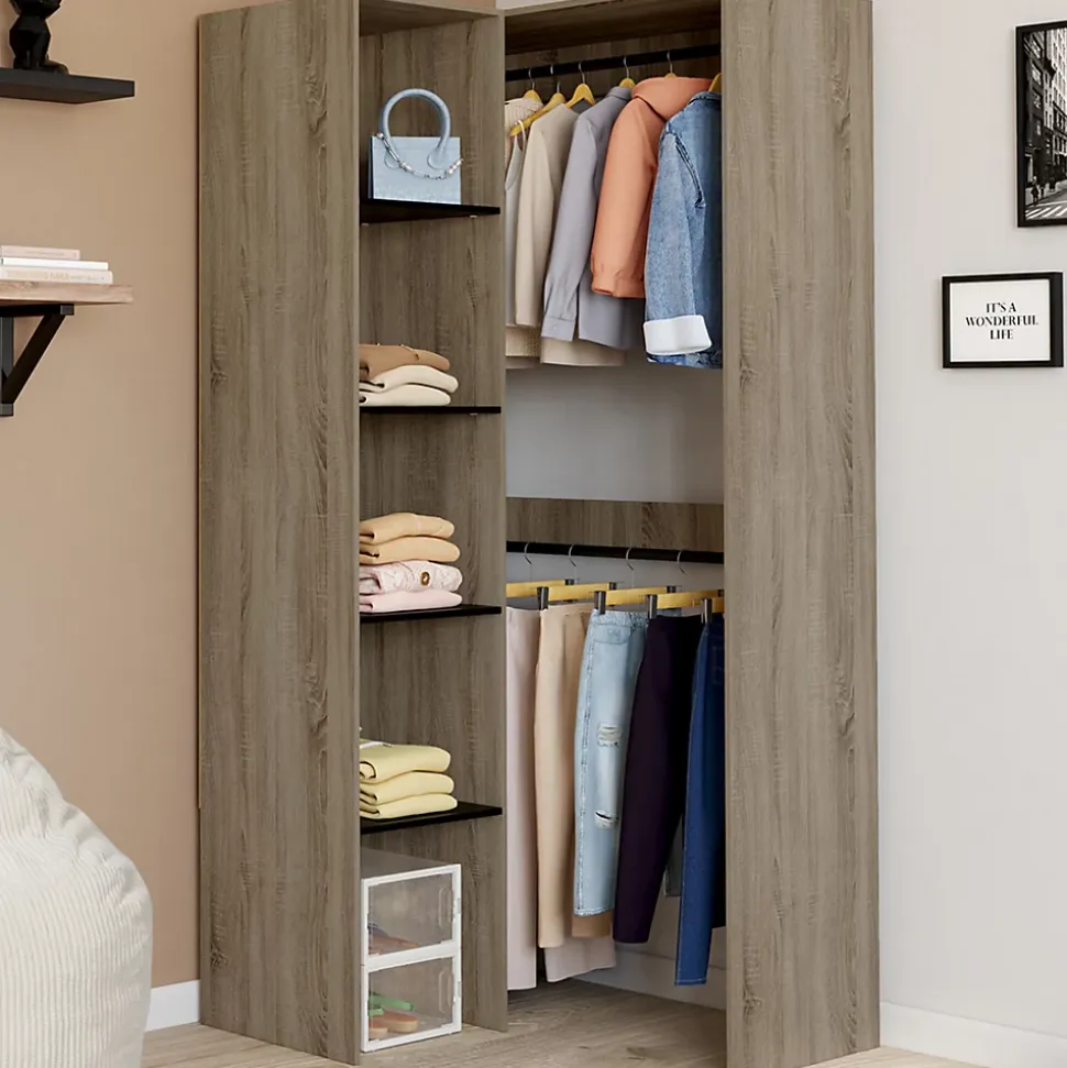 Dressing d'angle modulable L. 90 / 127 cm MELMAN double penderie + étagères bois et noir