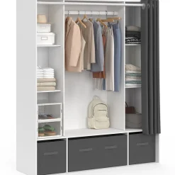 Dressing double penderie DIANE 140 x 45 x 167 cm blanc avec étagères + boites de rangement + rideau gris
