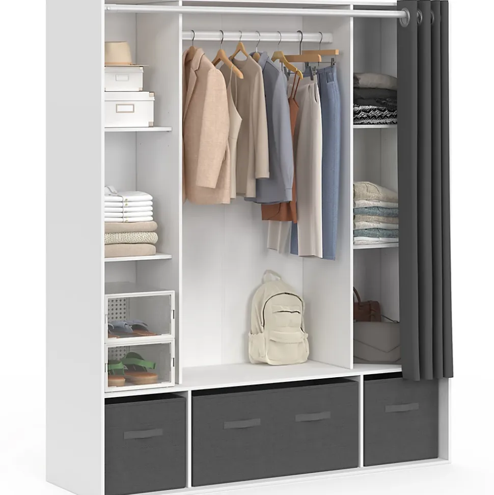 Dressing double penderie DIANE 140 x 45 x 167 cm blanc avec étagères + boites de rangement + rideau gris