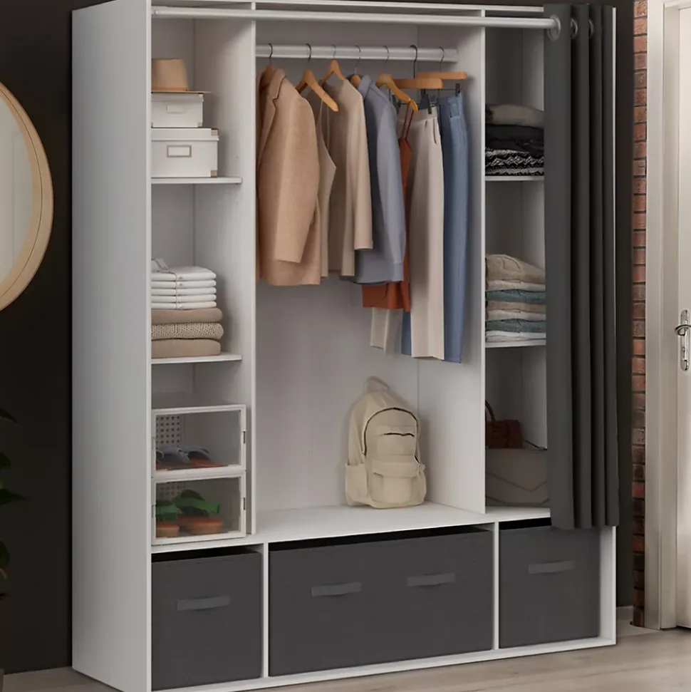 Dressing double penderie DIANE 140 x 45 x 167 cm blanc avec étagères + boites de rangement + rideau gris