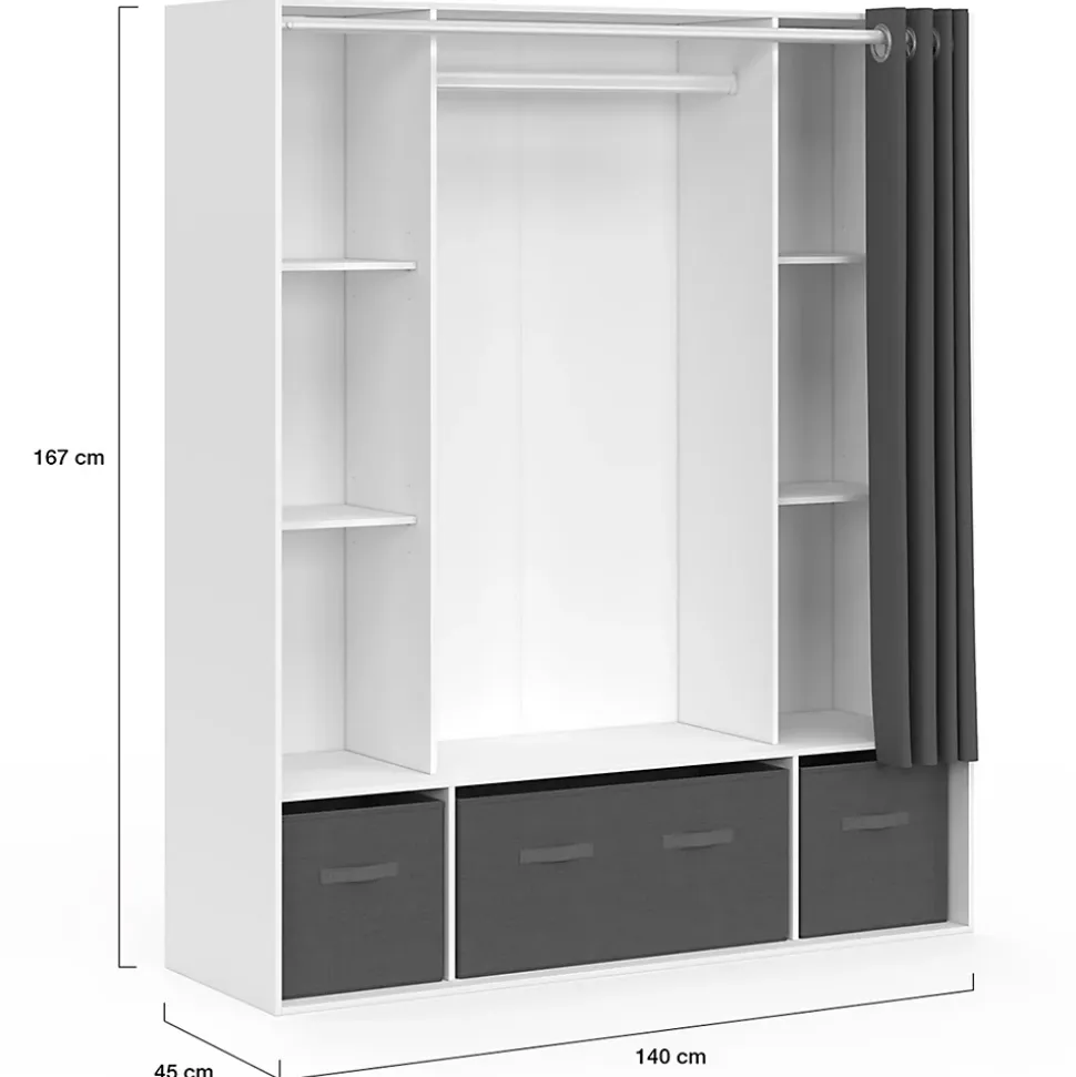 Dressing double penderie DIANE 140 x 45 x 167 cm blanc avec étagères + boites de rangement + rideau gris