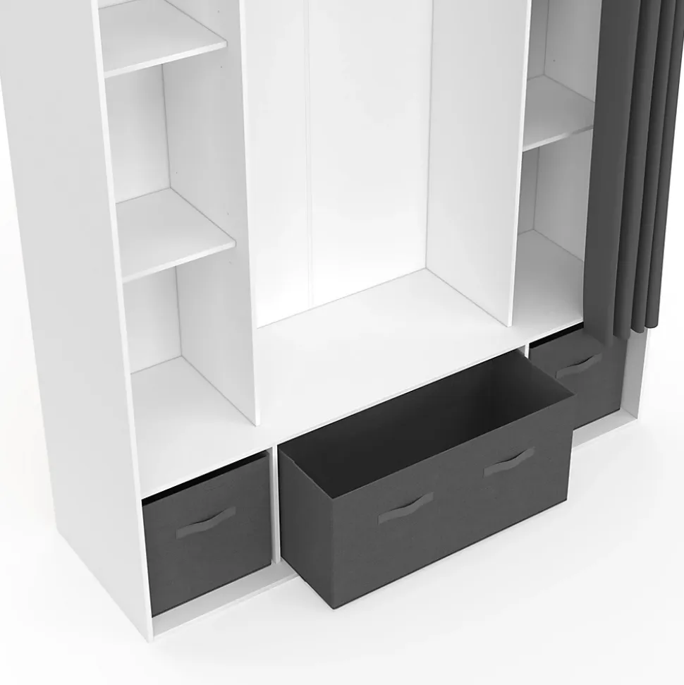 Dressing double penderie DIANE 140 x 45 x 167 cm blanc avec étagères + boites de rangement + rideau gris