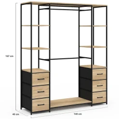 Dressing double penderie + double colonne L. 140 cm UTAH avec 6 étagères et 6 bacs en tissu bois et noir