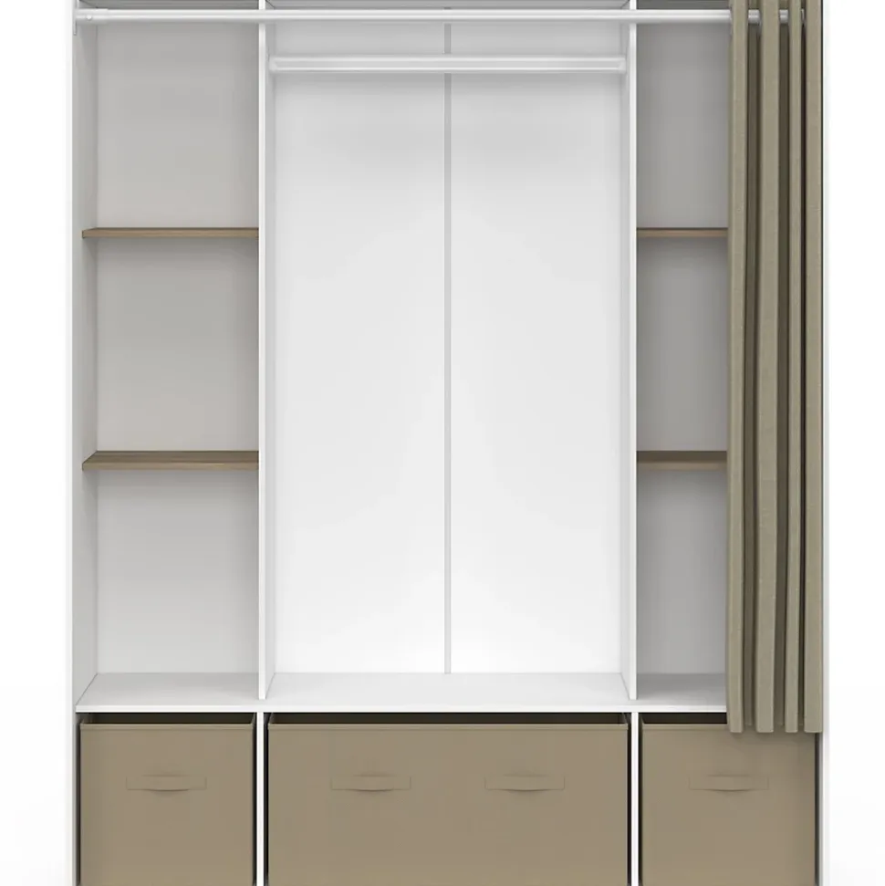 Dressing double penderie DIANE 140 x 45 x 167 cm blanc avec étagères + boites de rangement + rideau taupe