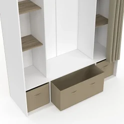 Dressing double penderie DIANE 140 x 45 x 167 cm blanc avec étagères + boites de rangement + rideau taupe