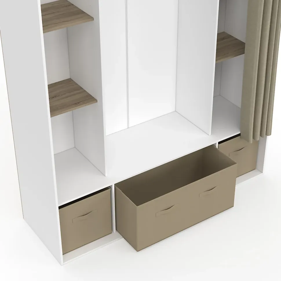 Dressing double penderie DIANE 140 x 45 x 167 cm blanc avec étagères + boites de rangement + rideau taupe