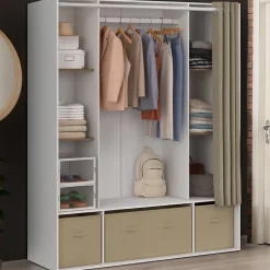 Dressing double penderie DIANE 140 x 45 x 167 cm blanc avec étagères + boites de rangement + rideau taupe