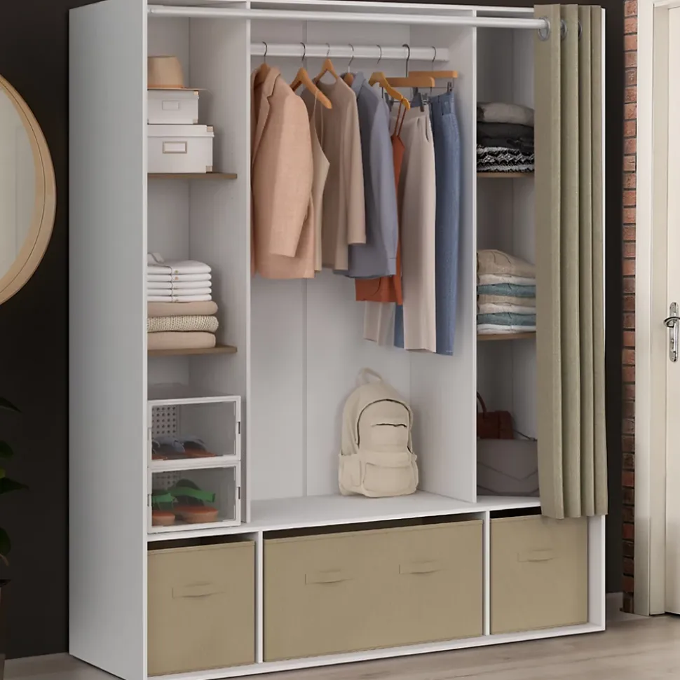 Dressing double penderie DIANE 140 x 45 x 167 cm blanc avec étagères + boites de rangement + rideau taupe