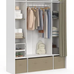 Dressing double penderie DIANE 140 x 45 x 167 cm blanc avec étagères + boites de rangement + rideau taupe
