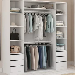 Dressing double TAYLOR 185 x 55 x 200 cm avec étagères + double penderie + tiroirs blanc