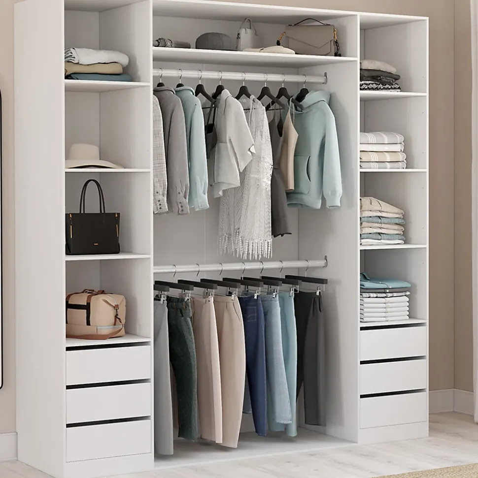 Dressing double TAYLOR 185 x 55 x 200 cm avec étagères + double penderie + tiroirs blanc