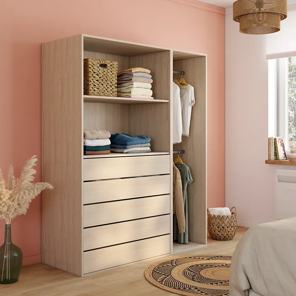 Dressing effet chêne 2 tablettes 5 tiroirs GoodHome Atomia H. 187,5 x l. 150 x P. 58 cm