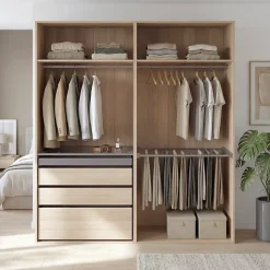 Dressing effet chêne avec porte pantalon 4 tablettes 3 tiroirs GoodHome Atomia H. 225 x L. 200 x P. 58 cm