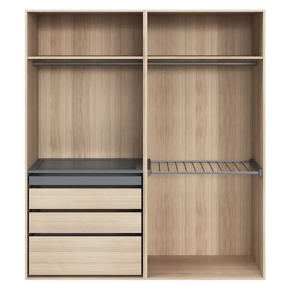 Dressing effet chêne avec porte pantalon 4 tablettes 3 tiroirs GoodHome Atomia H. 225 x L. 200 x P. 58 cm
