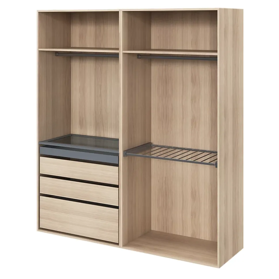 Dressing effet chêne avec porte pantalon 4 tablettes 3 tiroirs GoodHome Atomia H. 225 x L. 200 x P. 58 cm