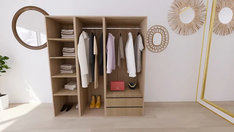 Dressing effet chêne double penderies et 2 tiroirs GoodHome Atomia H. 187,5 x L. 175 x P. 58 cm