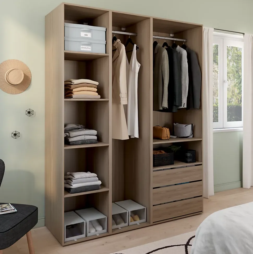 Dressing effet chêne double penderie 3 tiroirs GoodHome Atomia H. 225 x L. 175 x P. 58 cm